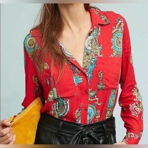 Maeve Anthropologie Whimsical Antique Clock Red Button Down Shirt Size 6 EUC